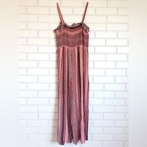 Ces Femme Juniors XL Mauve Smocked Boho Tribal Print Jumpsuit Coquette Girl Chic